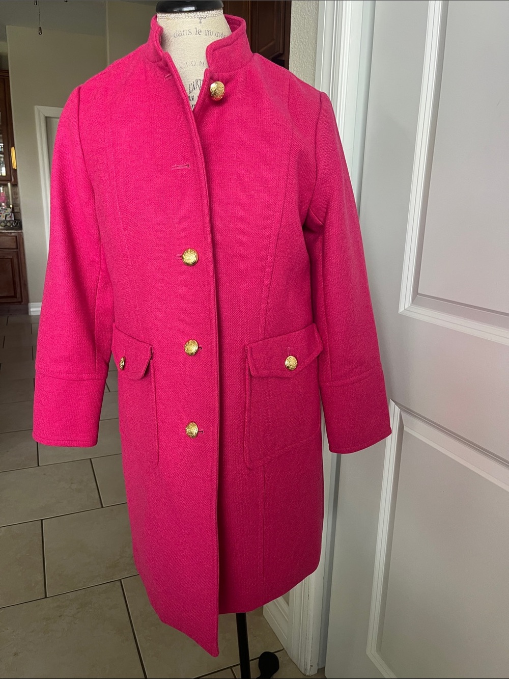 NWT Talbots bright pink wool blend, structured pea coat gold buttons 8P - Picture 2 of 11